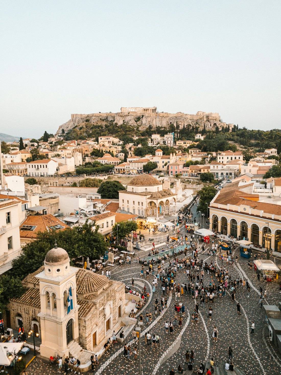 Monastiraki Square in Athens seen from a rooftop, with the Acropolis on the hill behind