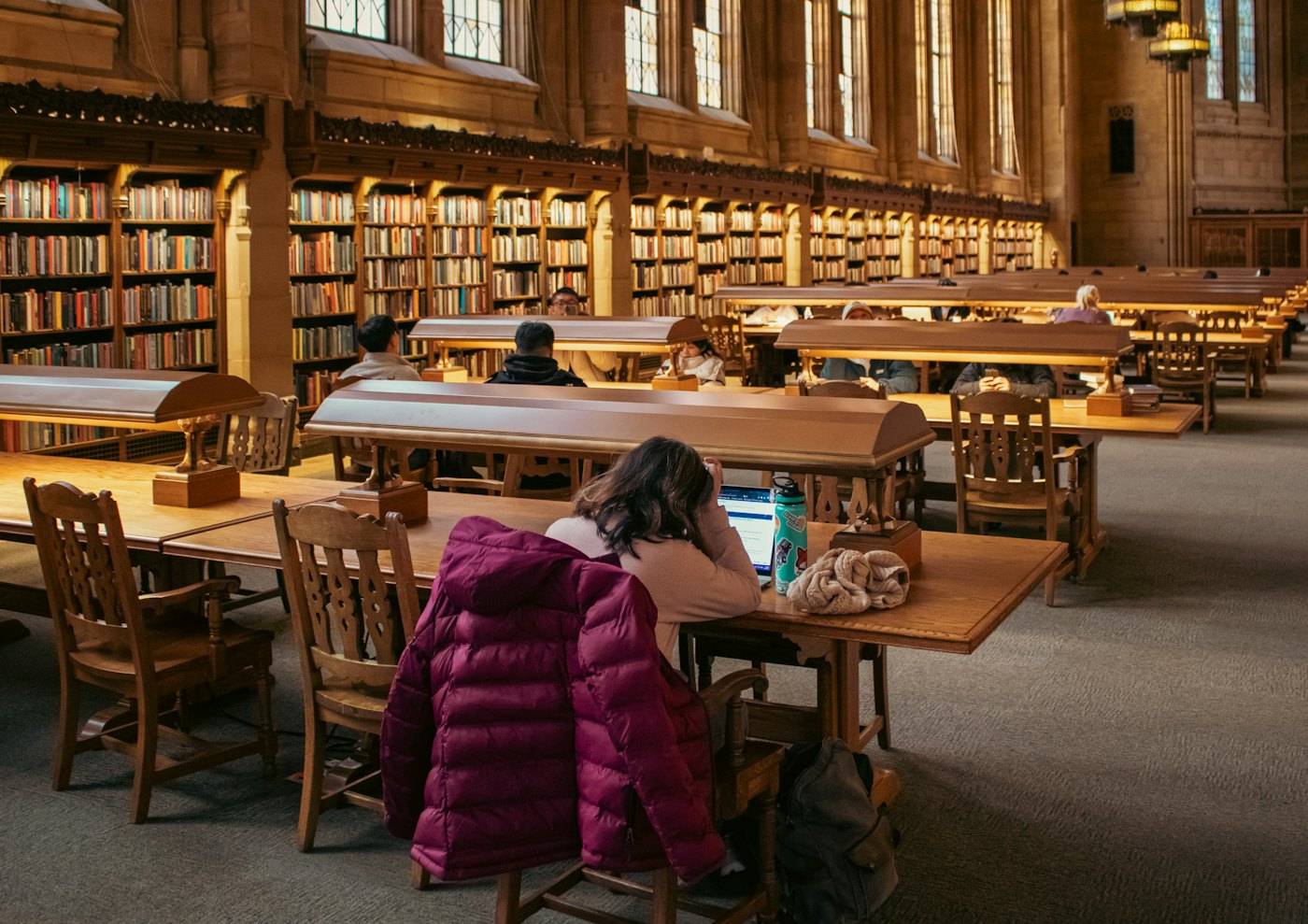 A student working at a long wooden desk in a quiet university reading room lined with bookshelves